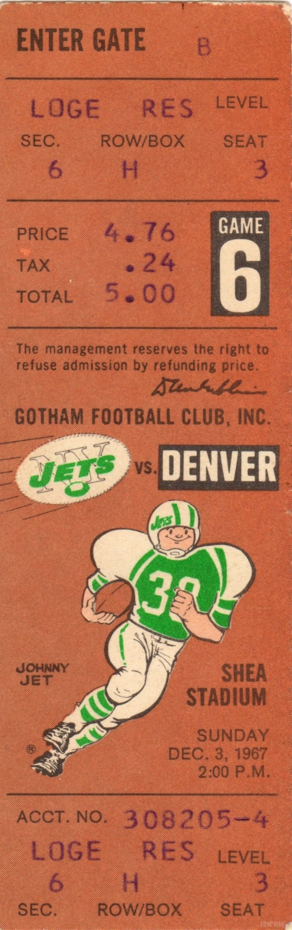 1967 Denver Broncos vs. New York Jets Football Ticket Art  Print
